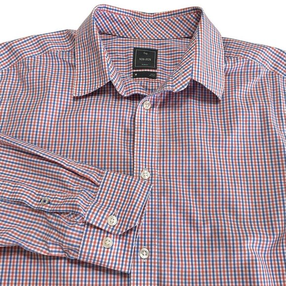 Gap‎ Plaid Slim Fit Dress Shirt Mens M Orange Blue Preppy Game Day UF Gators - Picture 1 of 7